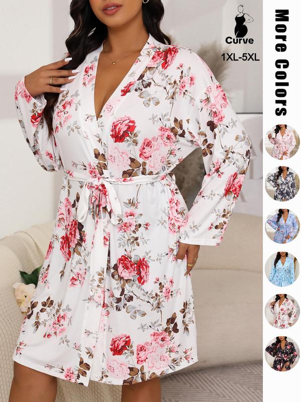 Plus Size Butterfly & Floral Print Belted Wrap Lounge Robe, Casual Long Sleeve V Neck Tie Front Pajama Robe,  Pajama Sets Women, Women's Sleepwear for All Seasons