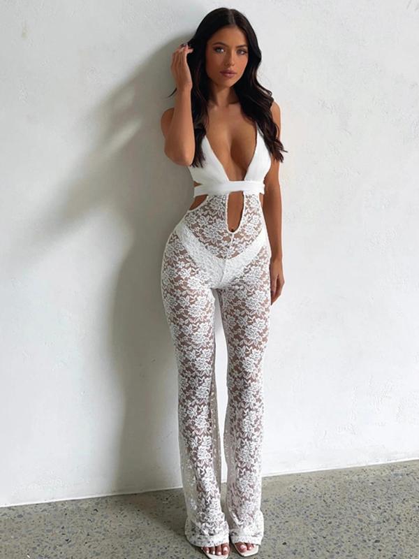 Women's Cut Out Backless Floral Lace Halter Jumpsuit, Sexy Fashion Tie Back Sleeveless Jumpsuit for Daily Wear, Ladies Clothes for All Seasons