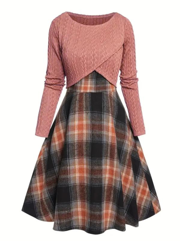 Women's Solid Wrap Hem Round Neck Textured Long Sleeve Crop Top & Plaid Print A-line Dress Suits Set, Preppy Fashion Comfort Skirt Set for Women's Clothing for Fall, Womenswear, Teacher Outfits 2024 Hoco Dresses