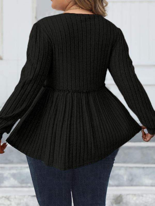 Plus Size Striped Frill Trim Peplum Bishop Sleeve Tee, Casual Long Sleeve Round Neck T-shirt for Fall & Winter, Women's Plus Top Clothing for Daily Wear, Fall Clothes Downtown Girl Clothes