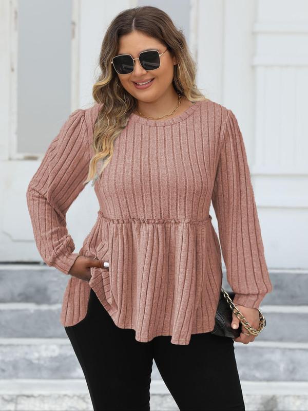 Plus Size Striped Frill Trim Peplum Bishop Sleeve Tee, Casual Long Sleeve Round Neck T-shirt for Fall & Winter, Women's Plus Top Clothing for Daily Wear, Fall Clothes Downtown Girl Clothes