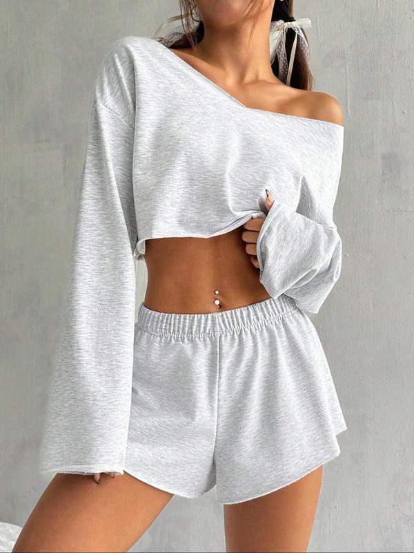 Two-Piece Set Women's Plain Drop Shoulder V Neck Crop Top & Elastic Waist Shorts, Casual Fashion Cozy Breathable Two Piece Outfits for Daily Wear, Ladies Clothes for All Seasons