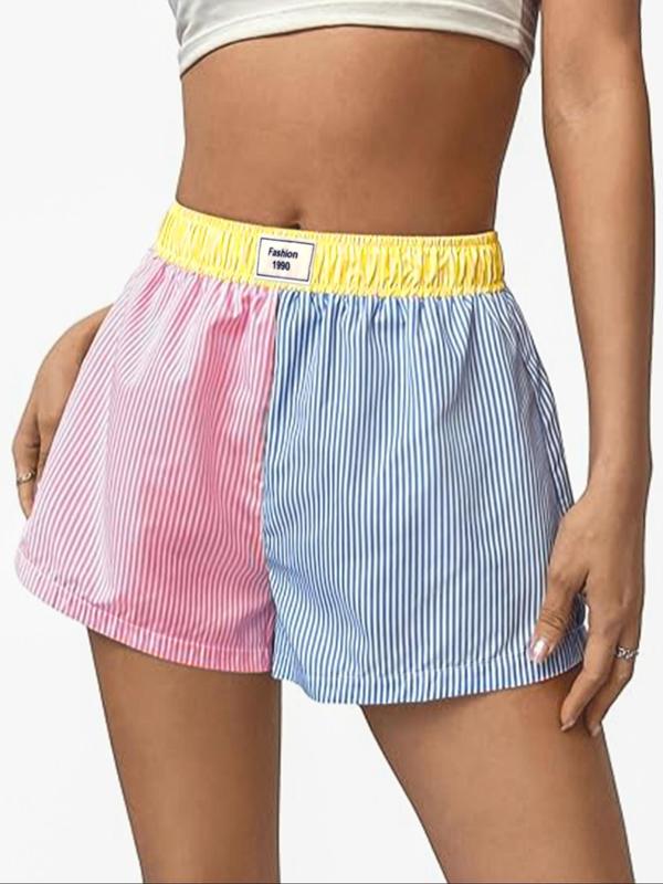 Women's Patchwork & Striped Print Elastic Waist Shorts, Casual Letter Patched Shorts, Shorts for Women, Comfy Shorts, Women's Bottoms for Daily Wear, Going Out Bottoms