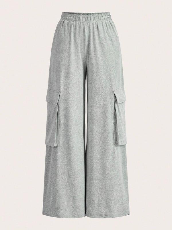 Women's Plain Pocket Elastic Waist Wide Leg Pants, Casual Comfy Trousers for Spring & Fall, Women's Bottoms for Daily Wear