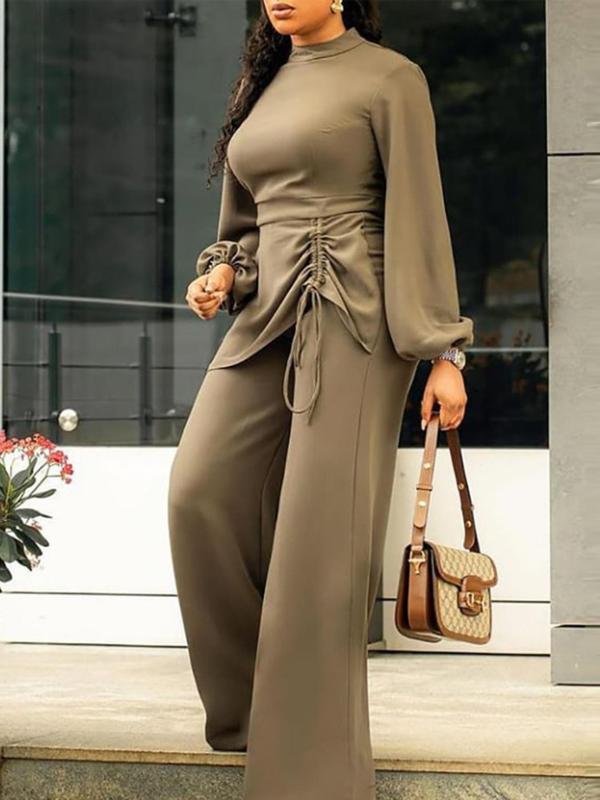 Women's Solid Color Ruched Drawstring Wide Leg Jumpsuit, Casual Lantern Sleeve Mock Neck Jumpsuit for Fall, Women's Clothes for Daily Wear