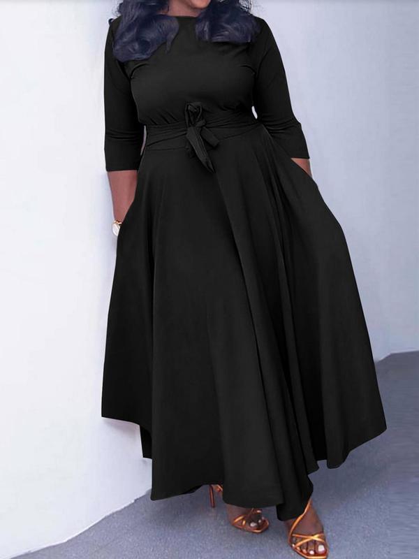  Solid Color Tie Front Boat Neck A Line Dress, Elegant 3 4 Sleeve High Waist Dress for Party Holiday Wedding Guest, Women's Clothes for Fall & Winter