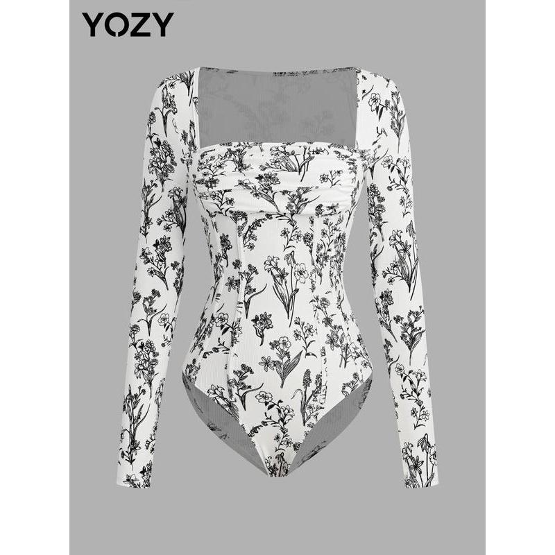 YOZY Women's Floral Print Ruched Corset Ribbed Bodysuit, Snap Button Closure Crtoch Long Sleeve Square Neck Bodysuit for for Fall Holiday, Women's Clothes for Daily Wear Womenswear Tops Comfort Longsleeves tops long sleeve