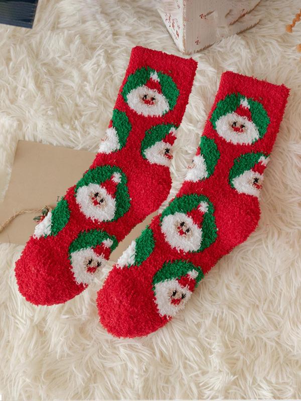 Random Women's Christmas Themed Print Crew Socks, 6 Pairs Casual Soft Comfortable Warm Fuzzy Socks for Fall & Winter, Women's Floor Socks for Daily Wear