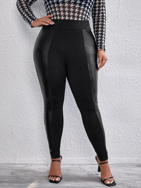 Plus Size Patchwork PU High Waist Leggings, Casual Comfy Skinny Pants for Daily Wear, Women's Plus Bottoms for Spring & Fall, Fall Outfits, Fallfreshness