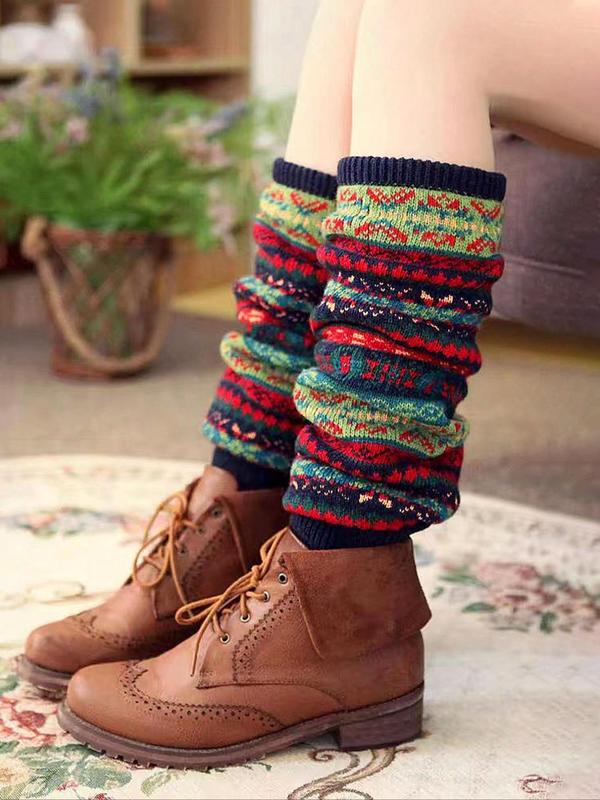 Women's Ethnic Pattern Over The Calf Socks, Casual Cozy Warm Leg Warmers for Fall & Winter, Women's Socks for Daily Wear