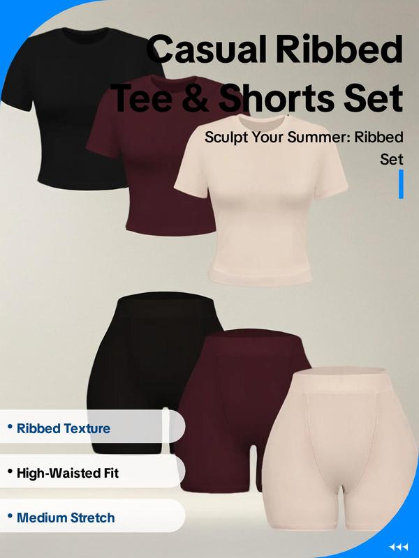 Women's Solid Round Neck Tee & High Waist Shorts Ribbed Set, Casual Short Sleeve T-shirt & Skinny Track Short Sets Outfits, 2 Piece Sets Women,  Summer Outfits 2024 Sets