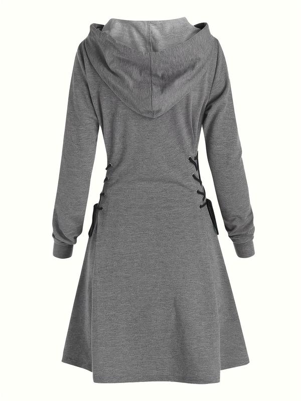 Women's Plain Lace Up Drawstring Hooded Dress, Casual Long Sleeve Dress for Spring & Fall, Women's Clothing for Daily Wear