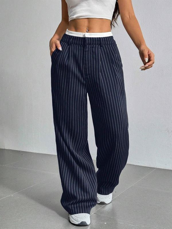 Women's Striped Print Plicated Straight Leg Pants, Casual Comfy Pocket Trousers for Daily Wear, Ladies Bottoms for Fall & Winter, Preppy 80s Clothes