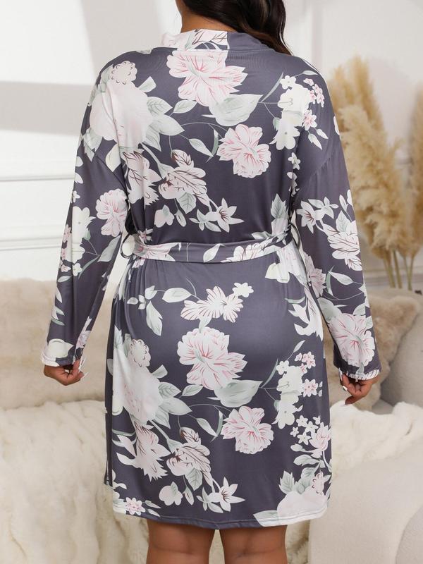 Plus Size Butterfly & Floral Print Belted Wrap Lounge Robe, Casual Long Sleeve V Neck Tie Front Pajama Robe,  Pajama Sets Women, Women's Sleepwear for All Seasons