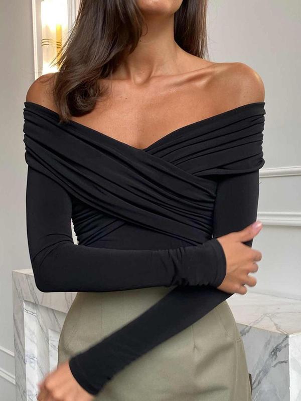 Women's Plain Wrapped Ruched Off Shoulder V Neck Tee, Elegant Casual Long Sleeve T-shirt for Spring & Fall, Women's Top for Dating Daily Wear