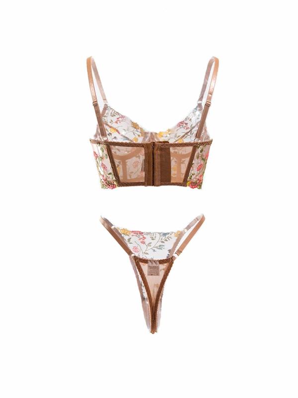 Women's Floral Embroidery Sheer Tulle Bra & Thong Sexy Lingerie Set, Adjustable Strap Push Up Bra & High Cut Thong, Lingerie Set for Women