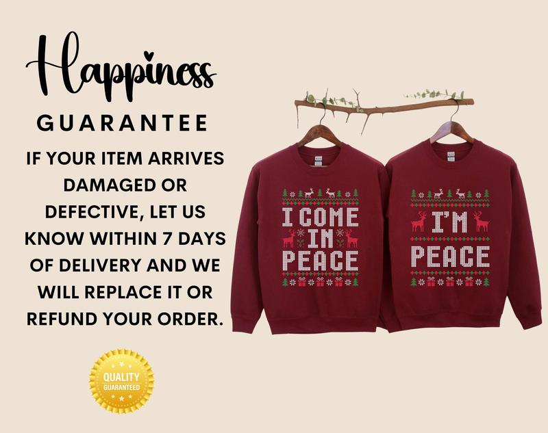 Funny Couple Ugly Christmas Sweater, I Come in Peace I'm Peace Sweater, Humorous Couples Matching Holiday Apparel Holiday Party Adult Humor