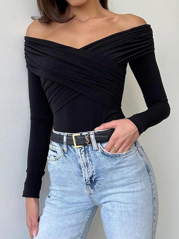 Women's Plain Wrapped Ruched Off Shoulder V Neck Tee, Elegant Casual Long Sleeve T-shirt for Spring & Fall, Women's Top for Dating Daily Wear