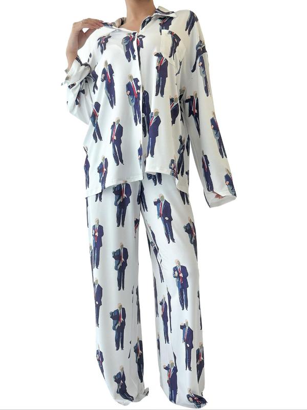 Two-Piece Set Women's Cherry Print Button Front Shirt & Pants Pyjama, Casual Comfy Drop Shoulder Long Sleeve Top & Trousers PJ Set, Ladies Sleepwear for All Seasons