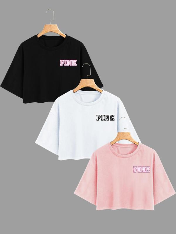 Women's Letter Print Drop Shoulder Crop Tee, Casual Short Sleeve Round Neck T-shirt for Summer, Ladies Clothes for Daily Wear