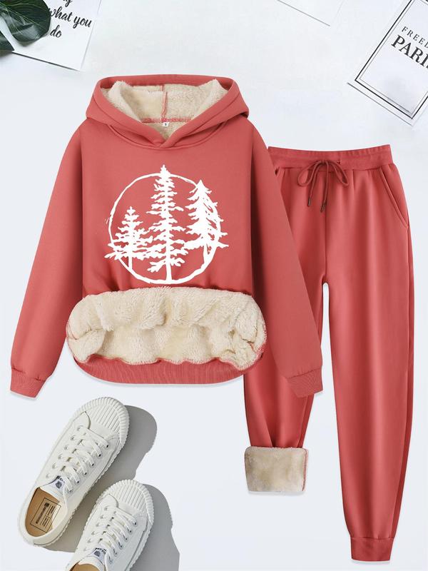 Women's Tree Print Hoodie & Drawstring Waist Pocket Sweatpants Two-piece Set, Casual Plush Lined Long Sleeve Hooded Sweatshirt & Jogger Pants for Fall & Winter, Women's Clothes for Daily Wear, Sweatshirts