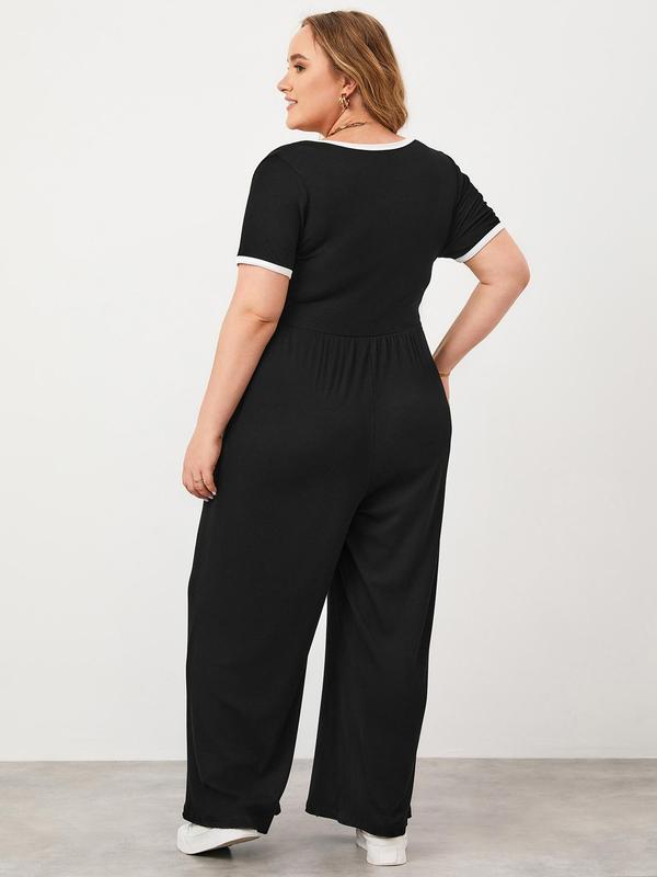 CURVZY Plus Size Contrast Binding Pocket Notched Neck Jumpsuit, Casual Comfort Breathable Short Sleeve Ribbed Jumpsuit for Summer & Fall, Women's Clothing for Daily Wear