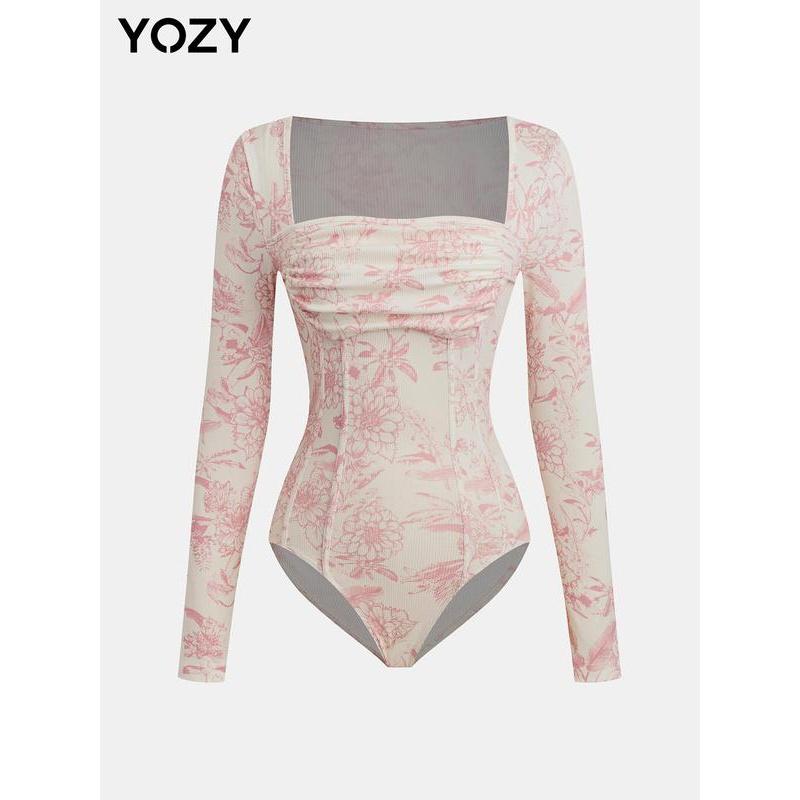 YOZY Women's Floral Print Ruched Corset Ribbed Bodysuit, Snap Button Closure Crtoch Long Sleeve Square Neck Bodysuit for for Fall Holiday, Women's Clothes for Daily Wear Womenswear Tops Comfort Longsleeves tops long sleeve