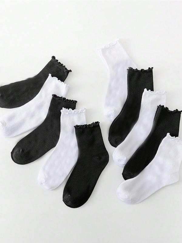 Women's 10 Pairs Solid Color Basic Lettuce Trim Crew Socks, Fashionable Simple Comfy Breathable Socks for Daily Outdoor Wear, Multipack Knit Socks for All Seasons