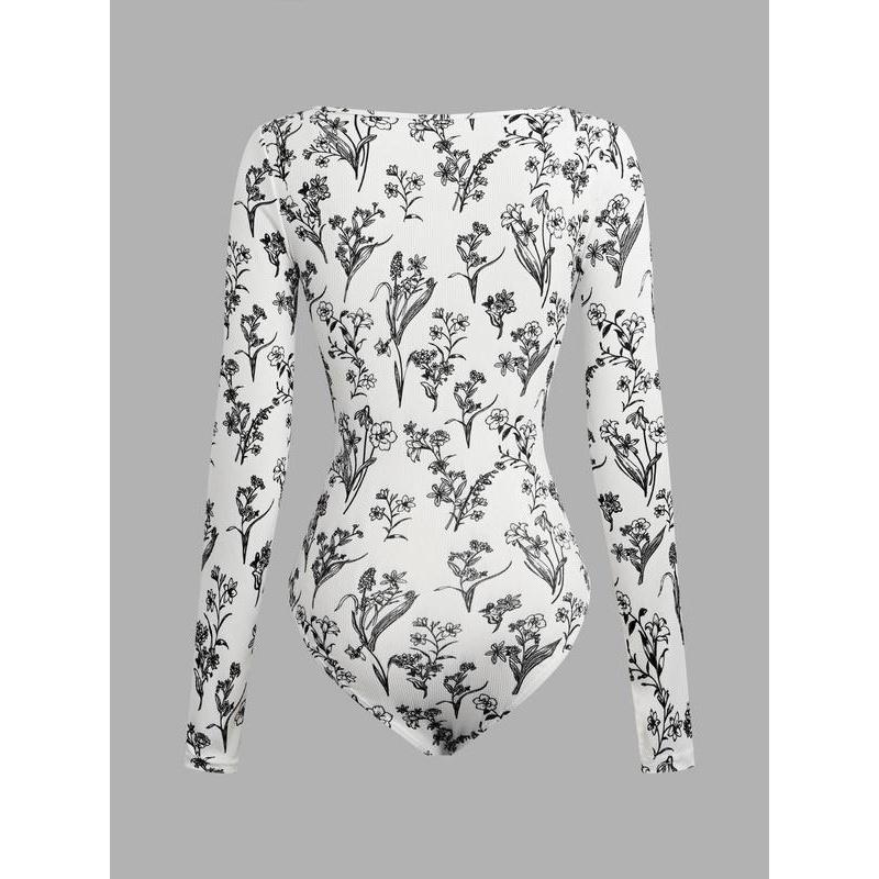 YOZY Women's Floral Print Ruched Corset Ribbed Bodysuit, Snap Button Closure Crtoch Long Sleeve Square Neck Bodysuit for for Fall Holiday, Women's Clothes for Daily Wear Womenswear Tops Comfort Longsleeves tops long sleeve