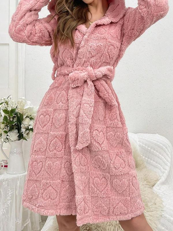 Women's Heart Pattern Belted Coral Fleece Bathrobe, Casual Long Sleeve 3D Ear Design Hooded Robe, Ladies Sleepwear for Fall & Winter