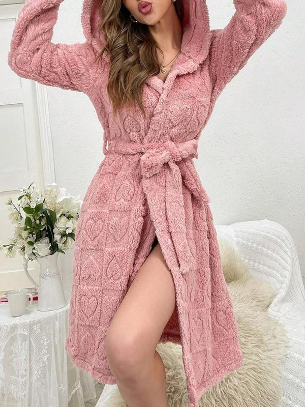 Women's Heart Pattern Belted Coral Fleece Bathrobe, Casual Long Sleeve 3D Ear Design Hooded Robe, Ladies Sleepwear for Fall & Winter