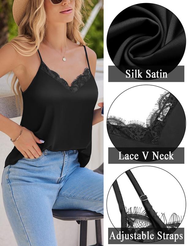 Zeagoo Camisole Tops for Women Slik Satin Spaghetti Strap Tank Top Lace V Neck Cami 2 PCS