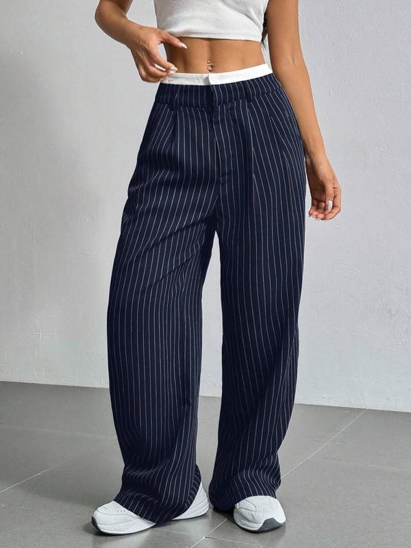 Women's Striped Print Plicated Straight Leg Pants, Casual Comfy Pocket Trousers for Daily Wear, Ladies Bottoms for Fall & Winter, Preppy 80s Clothes