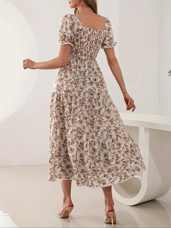 Women's Ditsy Floral Print Puff Sleeve Shirred Ruffle Hem A Line Dress, Boho Fashion Square Neck Short Sleeve Long Dress for Daily Holiday Vacation Wear, Ladies Dress for Summer