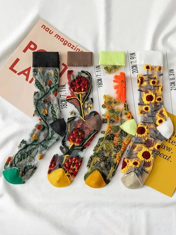 Women's 4 Pairs Floral Print Sheer Crew Socks, Fashion Casual Comfy Breathable Socks for Daily Outdoor Wear, Socks for All Seasons