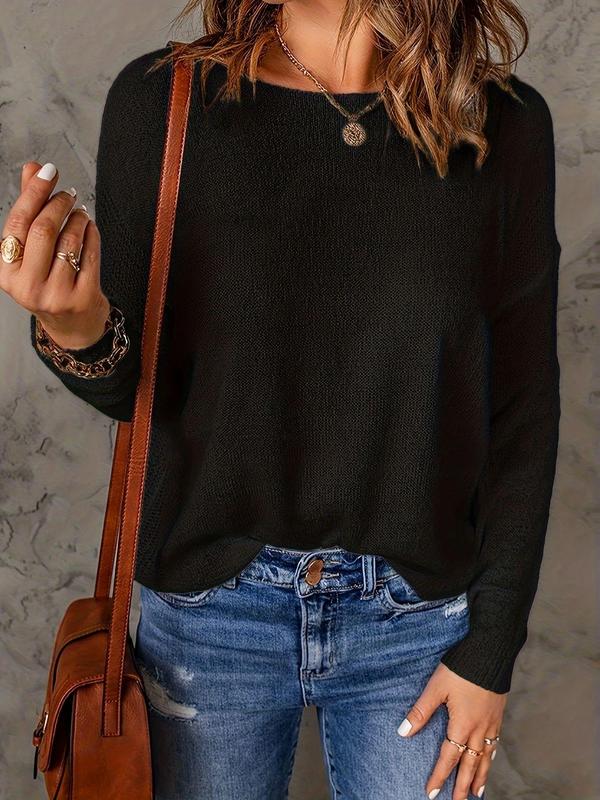 Women's 2024 Fall Plain Drop Shoulder Sweater, Trendy Casual Long Sleeve Round Neck Knitwear Top for Fall, Sweaters for Women, Tops for Women, Please Purchase A Size Up