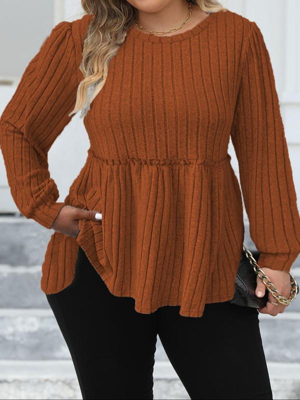 Plus Size Striped Frill Trim Peplum Bishop Sleeve Tee, Casual Long Sleeve Round Neck T-shirt for Fall & Winter, Women's Plus Top Clothing for Daily Wear, Fall Clothes Downtown Girl Clothes