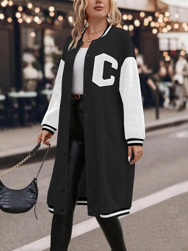 Plus Size Colorblock Letter Print Button Front Drop Shoulder Midi Varsity Jacket, Winter Outfits 2024, Winter Clothes Women, Casual Contrast Binding Long Sleeve Baseball Collar Coat for Daily