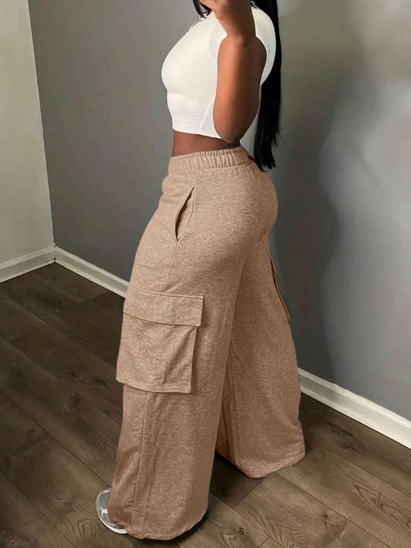 Women's Plain Pocket Elastic Waist Wide Leg Pants, Casual Comfy Trousers for Spring & Fall, Women's Bottoms for Daily Wear