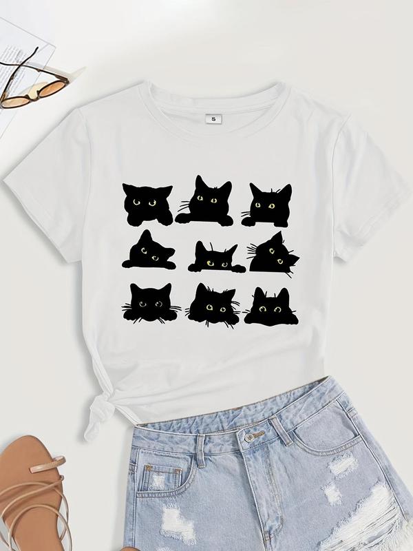 Women's Cartoon Cat Print Short Sleeve Tee, Casual Fashion Round Neck T-shirt, Summer Clothes Women, Women's Top for Daily Wear