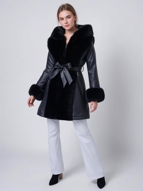 Women's Contrast Faux Fur Belted PU Leather Coat, Elegant Zipper Design Long Sleeve Outerwear for Fall & Winter, Ladies Clothes for Daily Wear