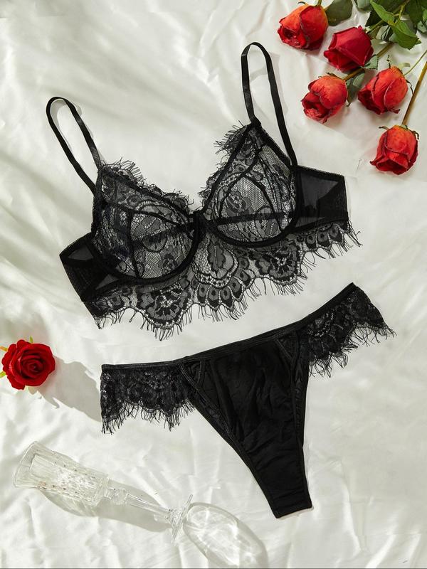  Contrast Lace Bra & High Cut Panty, Soft Comfortable Breathable Lingerie Set for Daily Wear, Women's Underwear Set for All Seasons