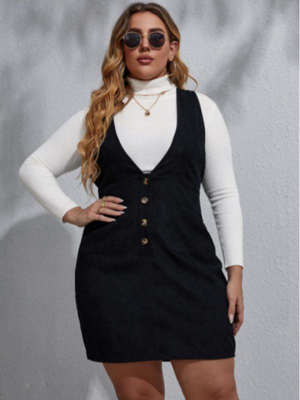 Plus Size Plain Button Deep V Neck Pinafore Dress without Sweater,  Vintage Girly Clothes Casual Solid Tank Dress for Spring & Fall, Women's Clothes