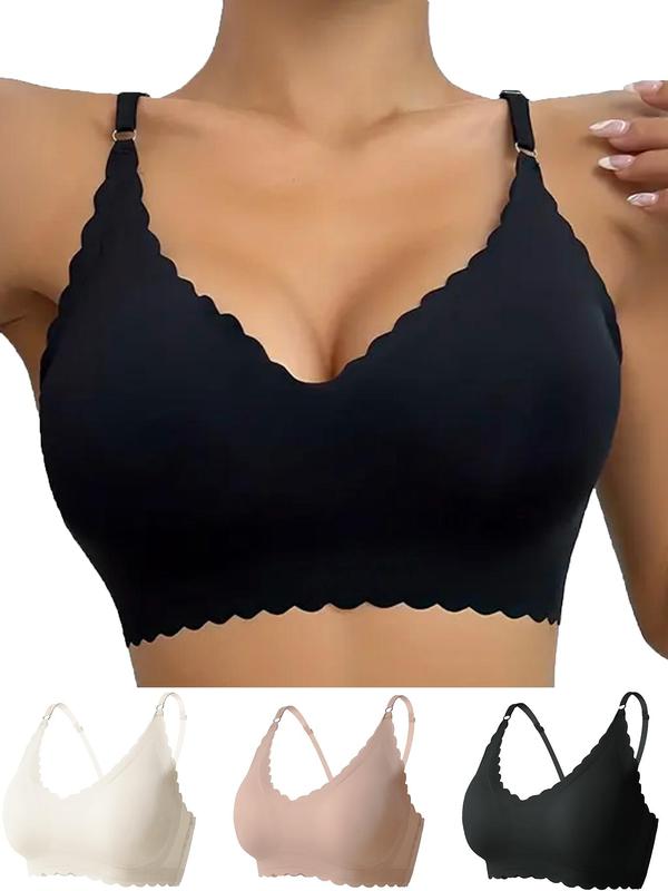 Women's 3pcs Solid Scallop Trim Wireless Push Up Bra, Soft Comfy Breathable Lingerie Top for Daily Wear,  Lingerie for Women, Women's Underwear for All Seasons, Summer Wear 2024