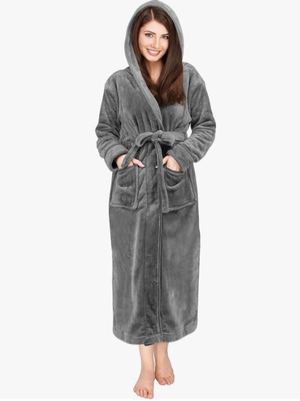 Women's Solid Drop Shoulder Belted Thermal Lined Hooded Lounge Robe, Casual Long Sleeve Pocket Design Bathrobe, Ladies Sleepwear for Fall & Winter