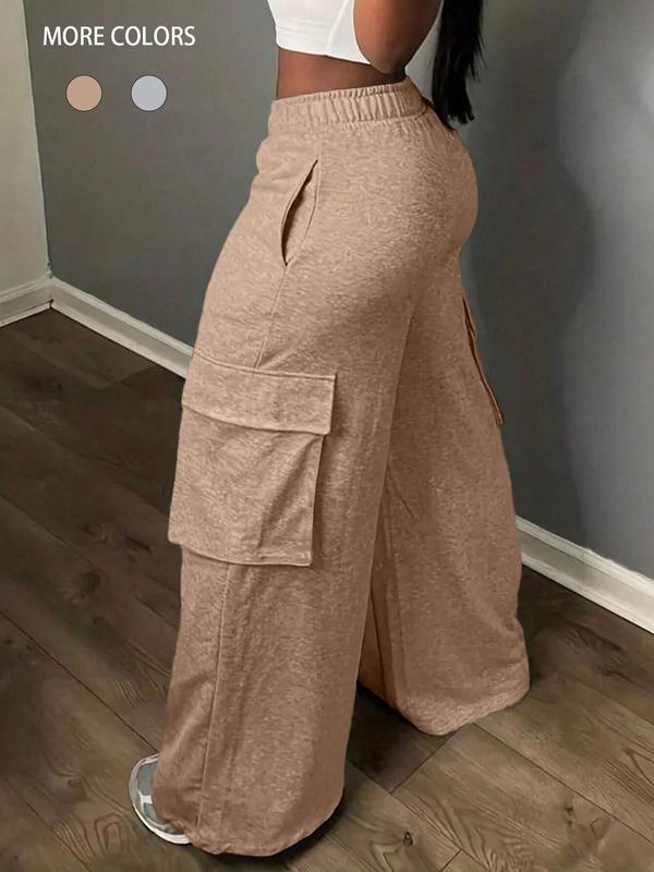 Women's Plain Pocket Elastic Waist Wide Leg Pants, Casual Comfy Trousers for Spring & Fall, Women's Bottoms for Daily Wear