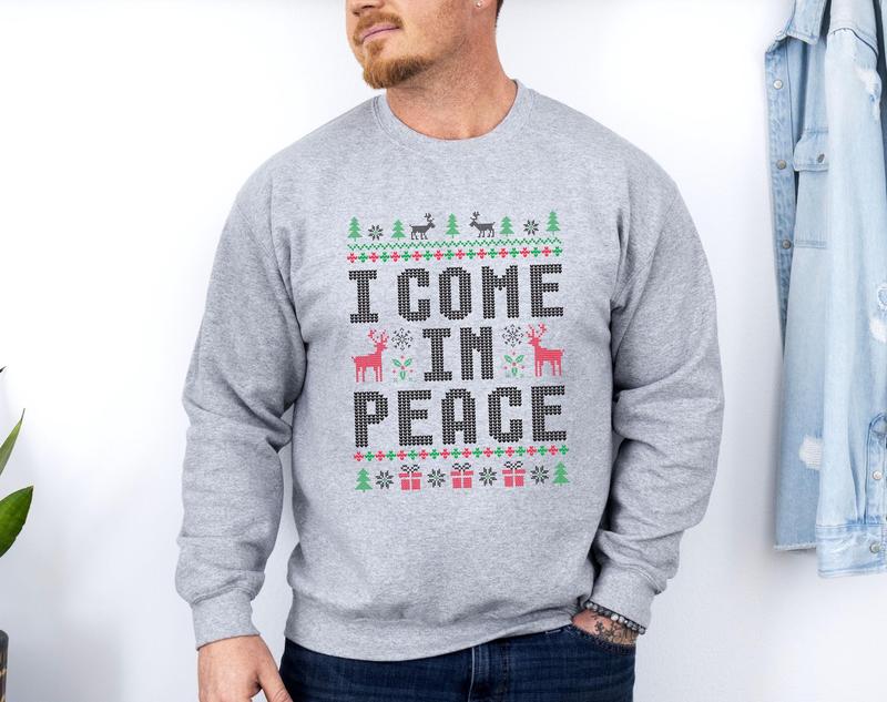 Funny Couple Ugly Christmas Sweater, I Come in Peace I'm Peace Sweater, Humorous Couples Matching Holiday Apparel Holiday Party Adult Humor