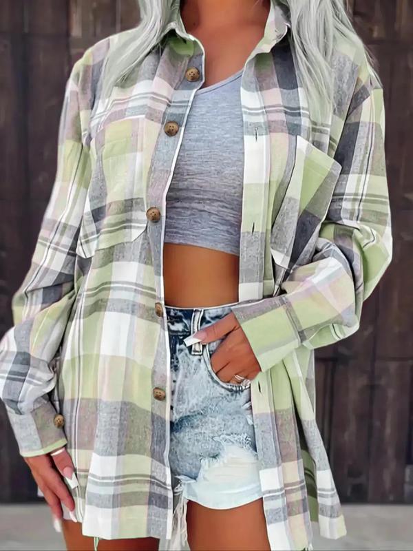 Women's Plaid Print Button Front Drop Shoulder Collared Shirt for Spring & Fall, Comfort Longsleeves Womenswear, Collar Pocket Top, Lady Blouse, Mean Girls Outfit Utah Girl Fits