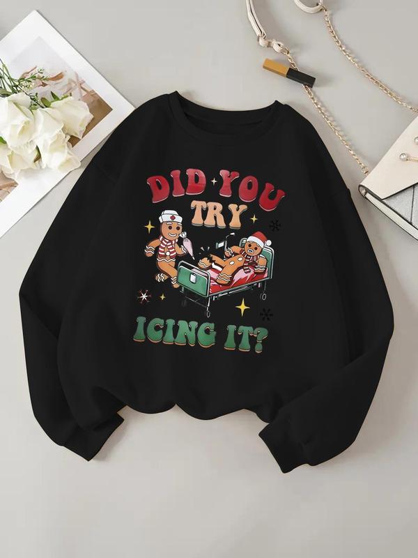 Women's Cartoon Gingerbread Man & Letter Print Drop Shoulder Sweatshirt, Casual Long Sleeve Round Neck Pullover for Daily Wear, Ladies Clothes for All Seasons