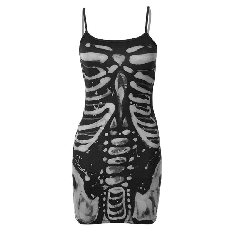 Women Halloween Gothic Bodycon Dress Vintage Spaghetti Strap Sleeveless Skeleton Print Punk Cosplay Dress Goth Grunge Streetwear